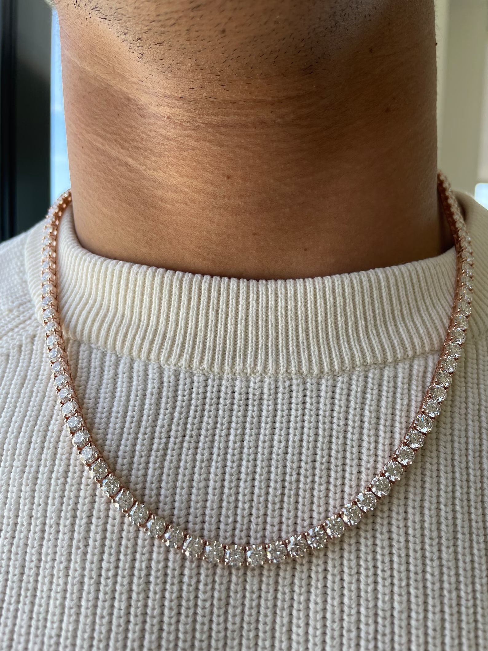 Men's 40 Carat Round Diamond Tennis Necklace in 14k Rose Gold: 14k Rose Gold Men's Diamond Tennis Necklace /Length of the Necklace : 18 InchesTotal Diamond Weight : 40 Carat in a 18 Inch Necklace/Solid 14k White Gold & Conflict - Free Lab Grown Diamond/Diamond Qu