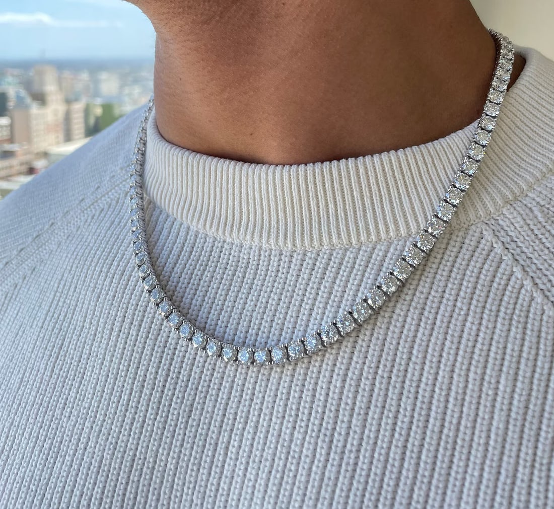 Men's 50 Carat Round Diamond Tennis Necklace in 14k White Gold: 14k White Gold Men's Diamond Tennis Necklace /Length of the Necklace : 18 InchesTotal Diamond Weight : 50 Carat in a 18 Inch Necklace/Solid 14k White Gold & Conflict - Free Lab Grown Diamond/Diamond Q