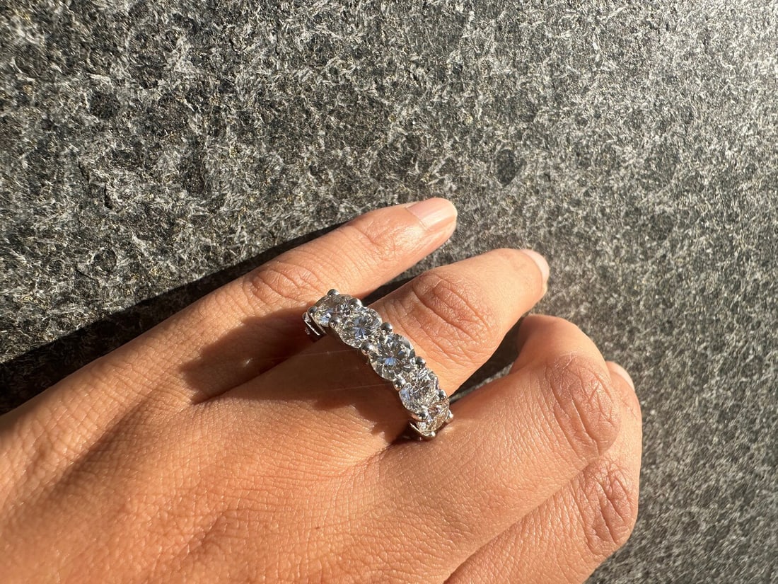 9 Carat Round Diamond Eternity Band in 14k White Gold: 14k White Gold Round Diamond Eternity Band /Total Diamond Weight: 9 Carat Solid 14k White Gold & Conflict - Free Lab Grown Diamond/Diamond Quality : E in Color & VVS-VS in Clarity/Width : 5.8 mmRetail