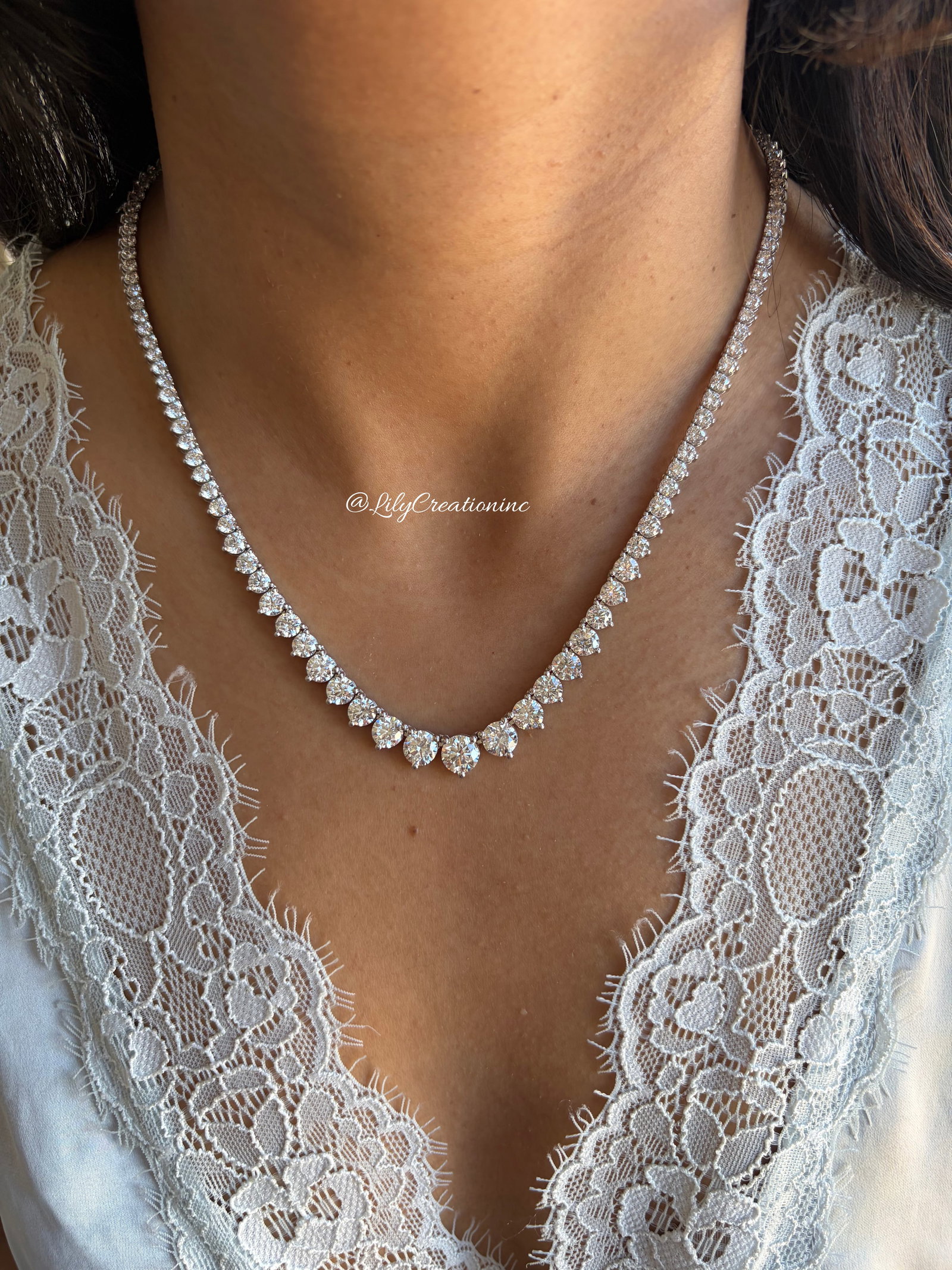 19 Carat Round Diamond Graduated Necklace in White Gold: 14k White Gold Diamond Graduated Necklace/Length of the Bracelet: 16.5 Inches/Total Diamond Weight: 19 Carat in a 16.5 inch Necklace/Solid 14K White Gold and Conflict free Lab grown Diamonds/Diamond Q