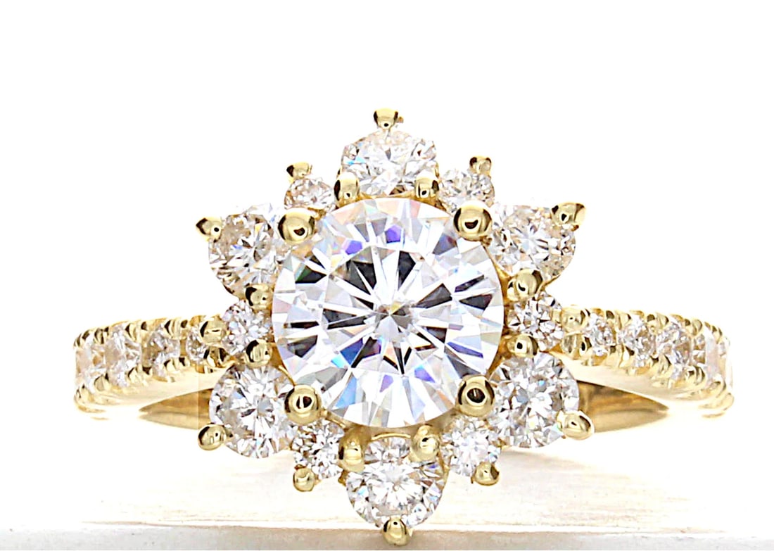 3 Carat Round Flower Diamond Engagement Ring in 14k Yellow Gold: 14k Yellow Gold Round Flower Diamond Engagement Ring /Total Diamond Weight: 3 Carat Solid 14k Yellow Gold & Conflict - Free Lab Grown Diamond/Diamond Quality : E in Color & VVS-VS in Clarity/Certifica