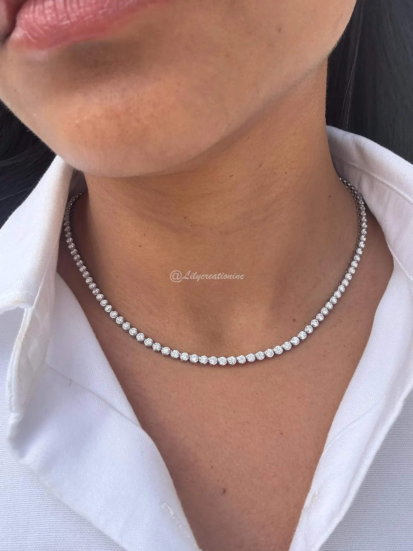 7 Carat Round Bezel Diamond Tennis Necklace in 14k White Gold: 14k White Gold Round Bezel Diamond Tennis Necklace /Length of the Necklace : 18 InchesTotal Diamond Weight : 7 Carat in a 18 Inch Necklace/Solid 14k White Gold & Conflict - Free Lab Grown Diamond/Diam