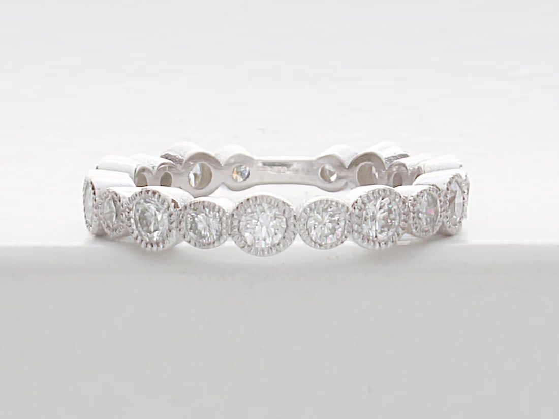 1 Carat Vintage Milgrain Diamond Wedding Eternity band in 14k White Gold: 14k White Gold Vintage Milgrain Diamond Eternity Band /Total Diamond Weight: 1 Carat Solid 14k White Gold & Conflict - Free Lab Grown Diamond/Diamond Quality : E in Color & VVS-VS in Clarity/Width : 3