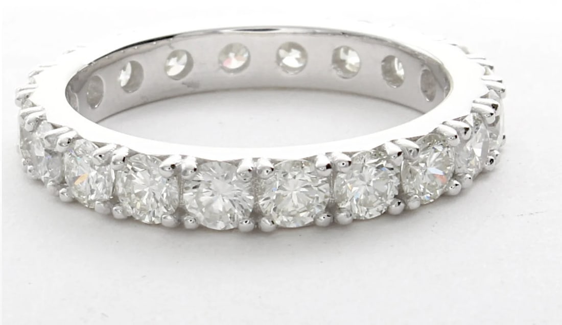 3 Carat Round French Pave Diamond Eternity Band in 14k White Gold: 14k White Gold Round French PaveDiamond Eternity Band /Total Diamond Weight: 3 Carat Solid 14k White Gold & Conflict - Free Lab Grown Diamond/Diamond Quality : E in Color & VVS-VS in Clarity/Width : 3