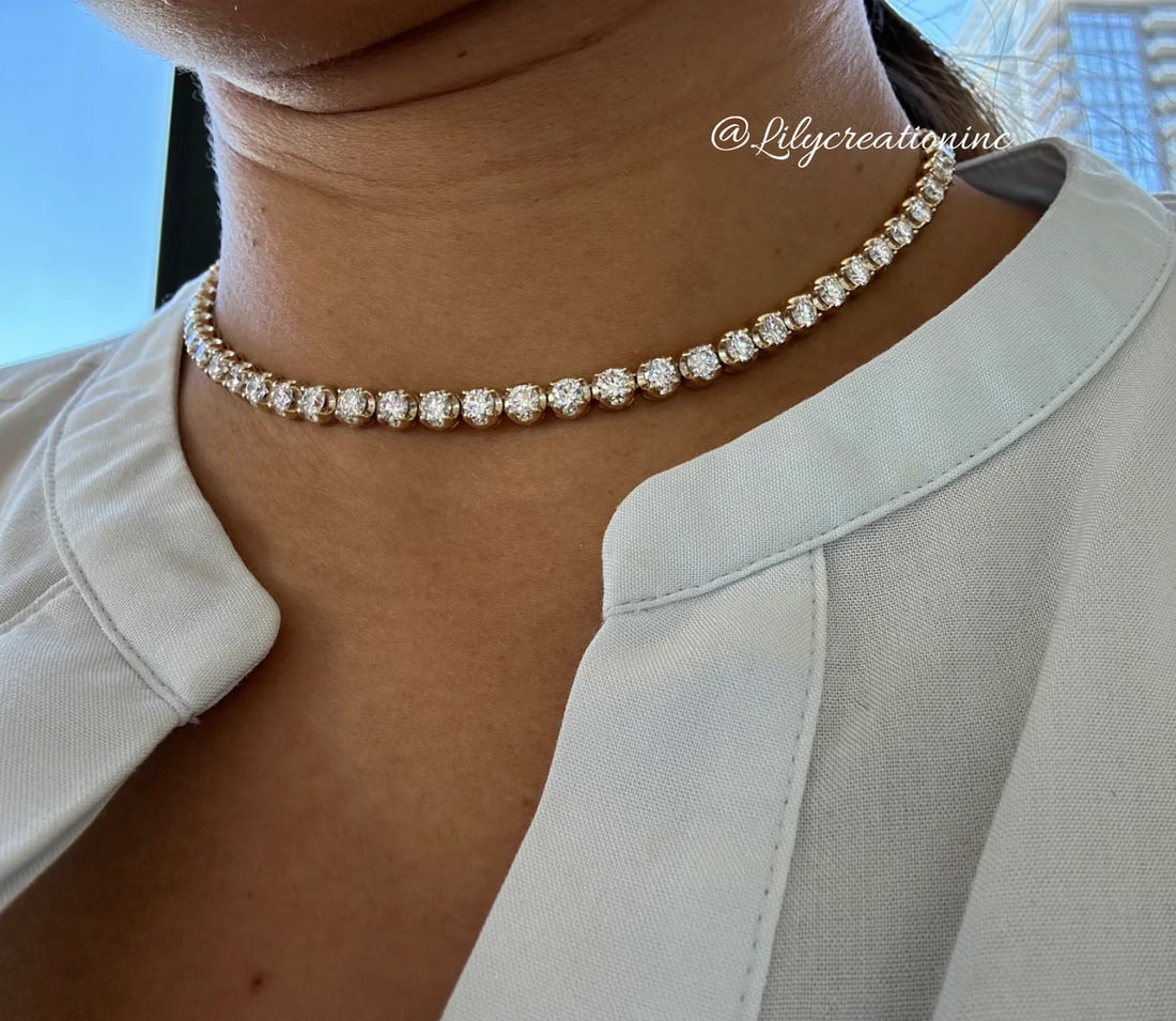 20 Carat Round Crown Diamond Tennis Necklace in 14k Yellow Gold: 14k Yellow Gold Round Crown Diamond Tennis Necklace /Length of the Necklace : 18 InchesTotal Diamond Weight : 20 Carat in a 18 Inch Necklace/Solid 14k Yellow Gold & Conflict - Free Lab Grown Diamond/D