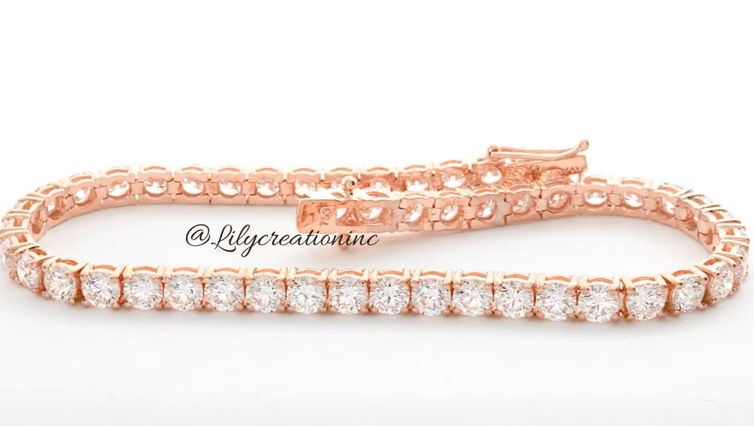 15 Carat Round Diamond Tennis Bracelet in 14k Rose Gold: 14k Rose Gold Round Diamond Tennis Bracelet/Length of the Bracelet: 7 Inches/Total Diamond Weight: 15 Carat in a 7 inch Bracelet/Solid 14K Rose Gold and Conflict free Lab grown Diamonds/Diamond Qualit
