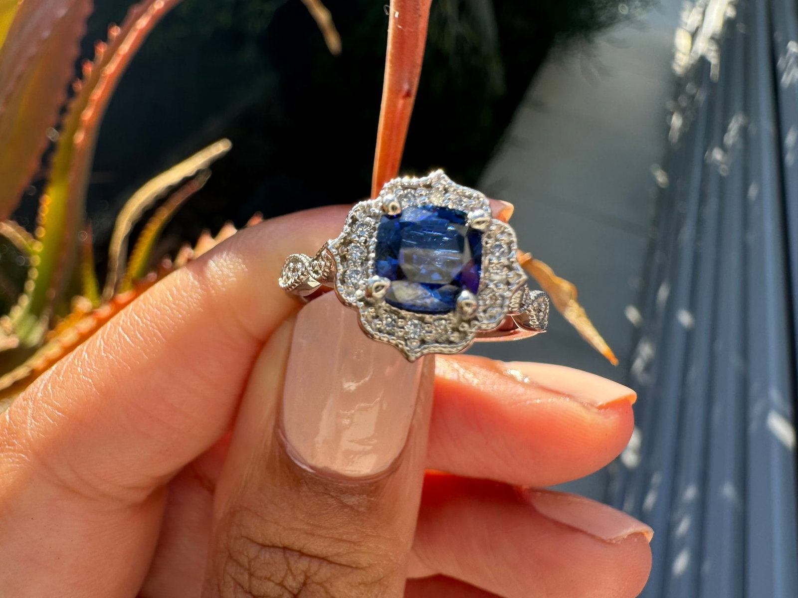 2 Carat Art Deco Sapphire & Diamond Engagement Ring in 14k White Gold: 14k White Gold Art Deco Sapphire & Diamond Engagemant Ring /Total Diamond Weight: 2 Carat Solid 14k White Gold & Conflict - Free Lab Grown Diamond/Lab Grown SapphireDiamond Quality : Vivid Blue in Col