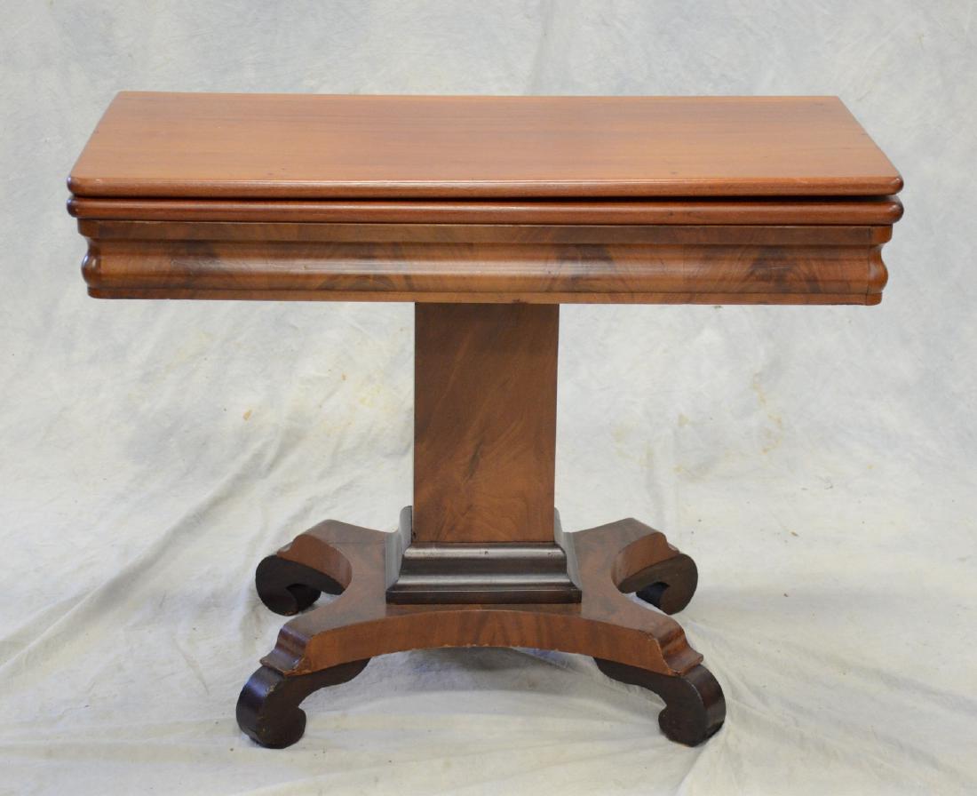 Mahogany American Federal fold over game table, tapered: Mahogany American Federal fold over game table, tapered rectangular column form base, 35 1/2" w, 29" h, c 1820-40