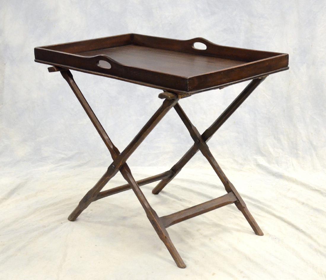 Large mahogany gallery tray on collapsible X-base,: Large mahogany gallery tray on collapsible X-base, tray, 29 1/2" h, 35 1/2" w, 20" d