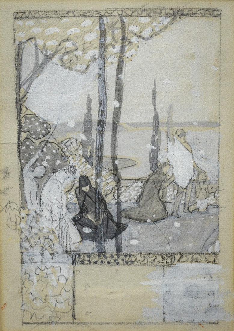 Henry McCarter, American (1866-1942), gouache: Henry McCarter, American (1866-1942), gouache illustration for book plate, studied at PAFA with Thomas Eakins, and in Paris with Toulouse Lautrec and others, from the personal collection of Arthur B C