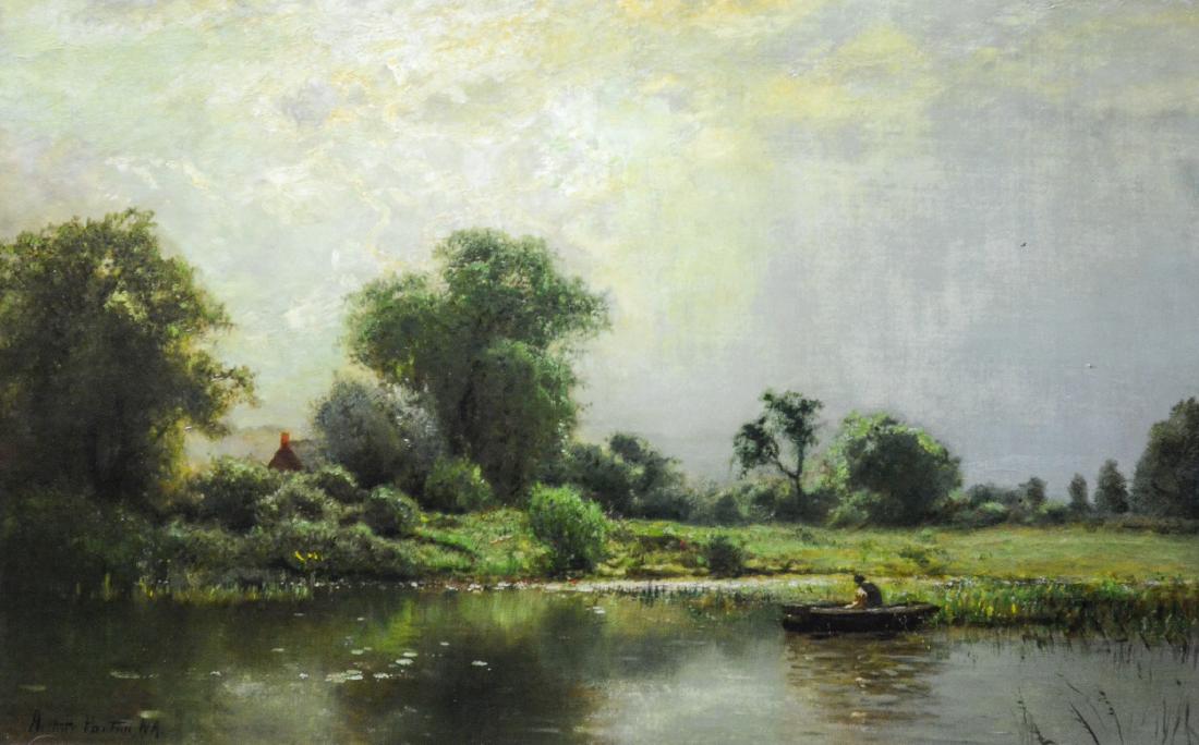 Arthur Parton (American, 1842-1914), "New England: Arthur Parton (American, 1842-1914), "New England Homestead with a Stormy Morning", oil on Canvas, signed "Arthur Parton NA" lower left, bears gallery labels verso, 18-1/4" x 28-1/4", overall 30-3/4"