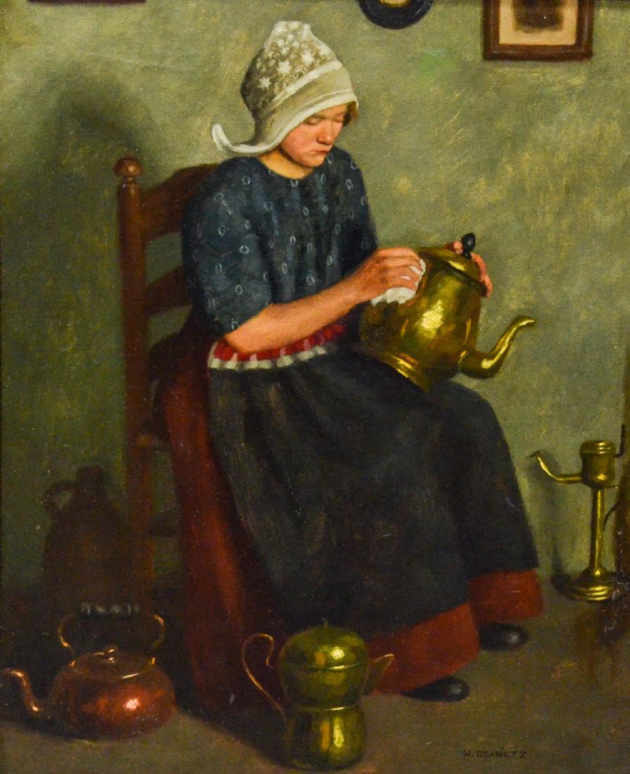 Wilhelm Gdanietz, German, 1893-1962, Lady seated: Wilhelm Gdanietz, German, 1893-1962, Lady seated polishing copper, relined, sight 26" x 21-3/4"