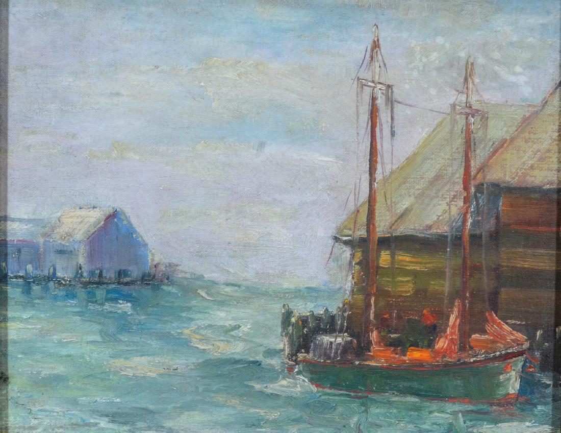 School of Antonio Cirino, Oil on Board, New England: School of Antonio Cirino, Oil on Board, New England Harbor Scene, measures 8" x 10" in a 15" x 17" gilt frame, good condition