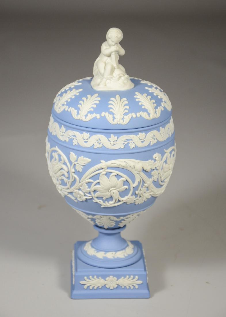 Wedgwood light blue & white Jasper footed covered urn (1 of 6)
