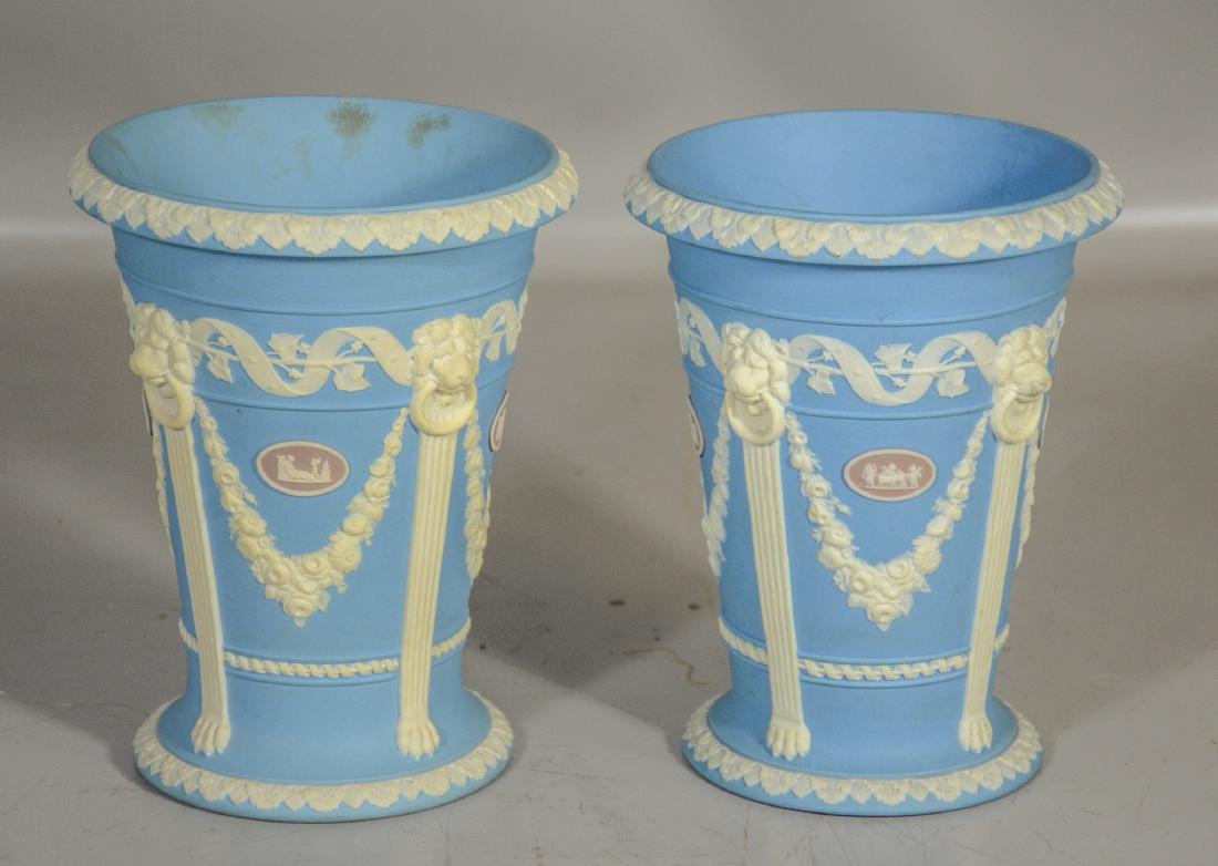 Pair of Wedgwood 19th C tri-color monopod vases, blue, (1 of 3)