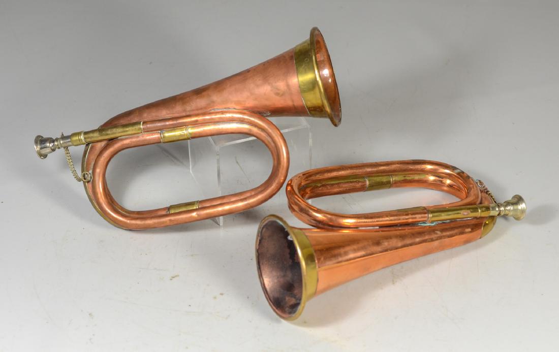 2 copper & brass hunt horns, unmarked, some dents, 12": 2 copper & brass hunt horns, unmarked, some dents, 12" l, 10 1/2" l