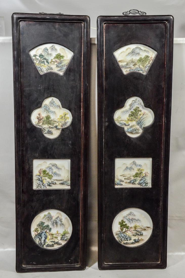 Pair of Chinese teak wood framed porcelain plaques, (1 of 10)