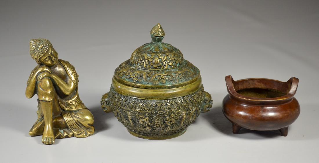 Three (3) Chinese brass pieces to include a covered (1 of 9)