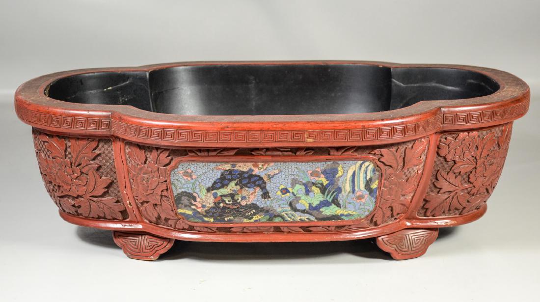 Chinese cinnabar lacquer planter with 2 cloisonne panel (1 of 9)