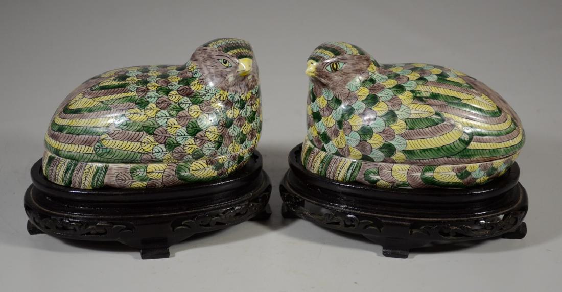 Pair of Chinese Famille Verte quail boxes on later (1 of 8)