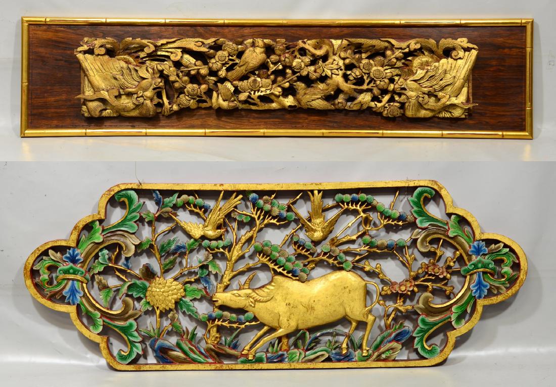 Two (2) Chinese carved painted and giltwood panels, one (1 of 7)