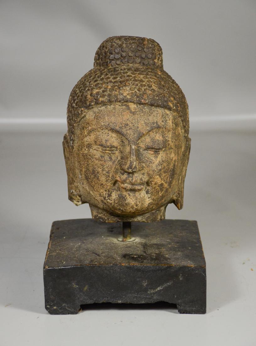 Asian carved stone Buddha head with later wooden base, (1 of 5)