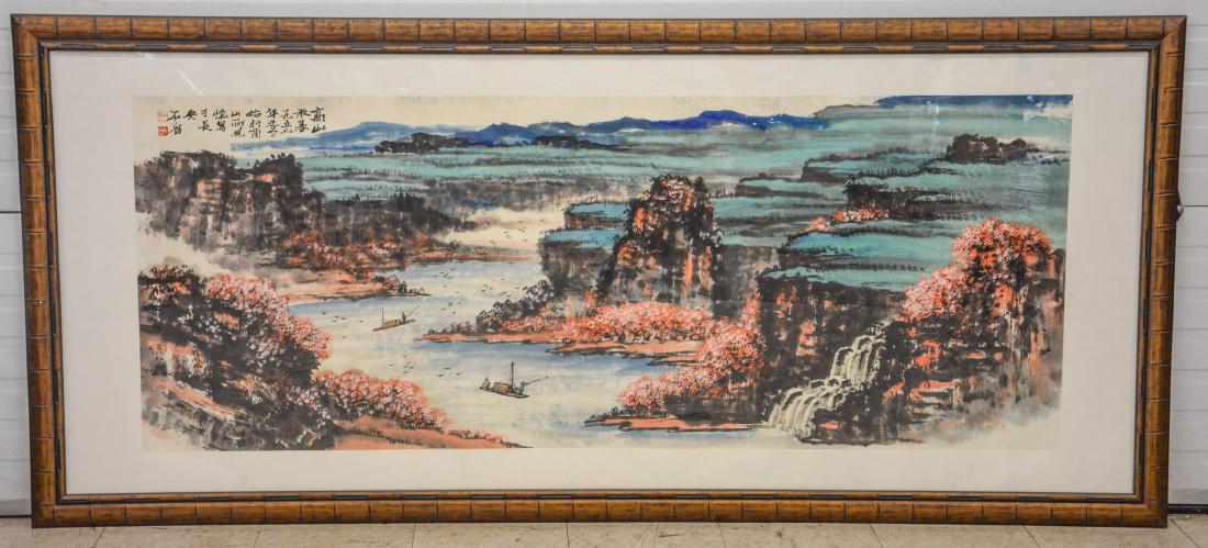 Monumental Asian horizontal scroll, watercolor harbor (1 of 6)