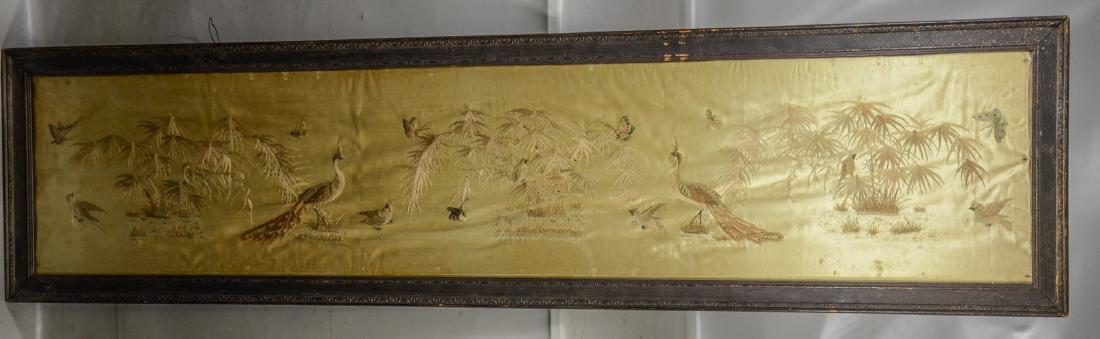 Long Chinese horizontal framed embroidery, peacocks, (1 of 5)