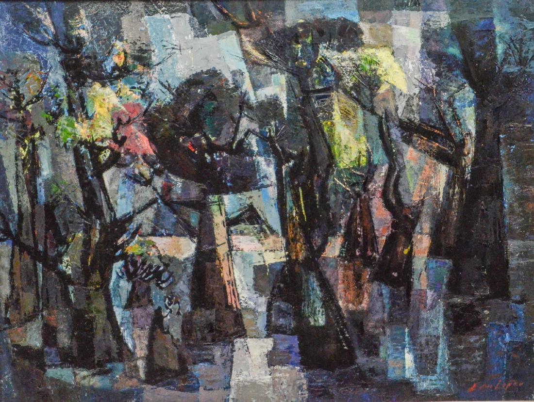 Edward Loper Sr (American, DE, 1916 - 2011), "Cypress",: Edward Loper Sr (American, DE, 1916 - 2011), "Cypress", Oil on Masonite, Abstract Landscape, signed "Edw Loper" lower right, measures 24-1/2" x 32-1/2" in a 30" x 38-1/4" frame, good condition