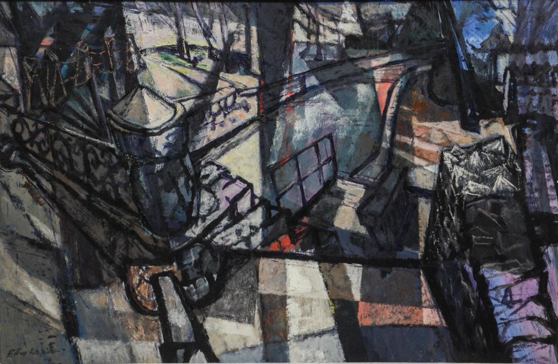 Edward Loper Sr (American, DE, 1916 - 2011),: Edward Loper Sr (American, DE, 1916 - 2011), "Brandywine Raceway", Oil on Masonite, Abstract Landscape, signed "Edw Loper" lower left, measures 23 1/2" x 36" sight, 29" x 41 1/4" frame