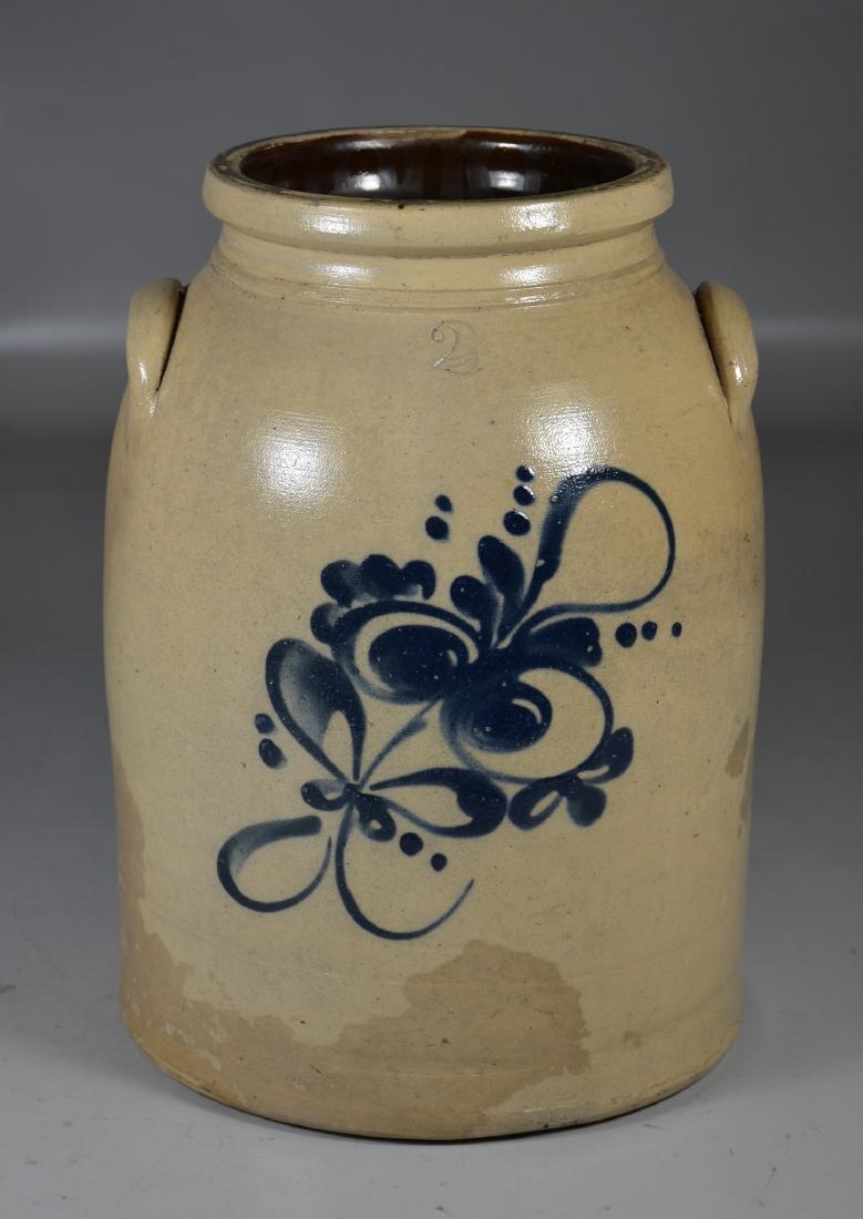 2 gallon blue decorated stoneware crock, incised 2, no (1 of 6)