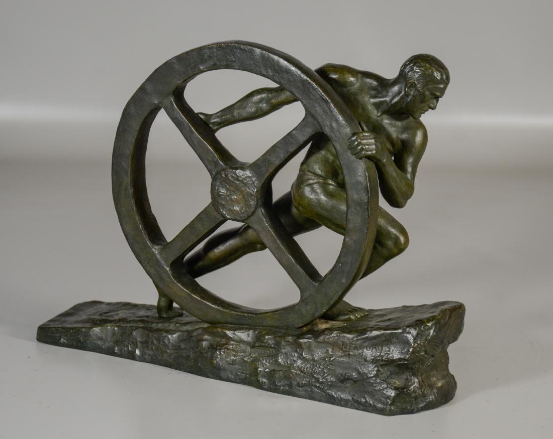 After Pierre Le Faguays, French, Bronze, "The Wheel": After Pierre Le Faguays (French, 1892-1962), bronze sculpture The Wheel, impressed signature, and "BRONZE 72", 14 1/2" long, 10 7/8 "h to top of wheel, mid 20th c
