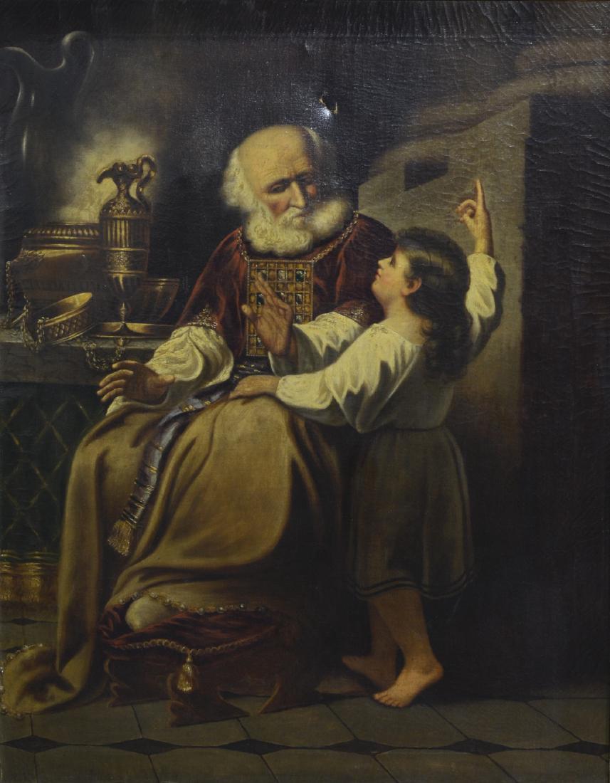 Painting of Samuel & Eli after John Singleton Copley: Painting of Samuel and Eli after John Singleton Copley, Oil on Canvas, acquired from a local church, tear and some age cracking, original gold leaf frame over painted, 46-1/4" x 36" in a 59" x 49-1/4"