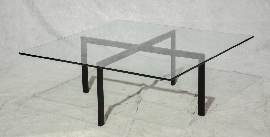 Brueton square glass & aluminum coffee table: Square glass top coffee table, aluminum base, modern design by Brueton, 42" sq, 16" h