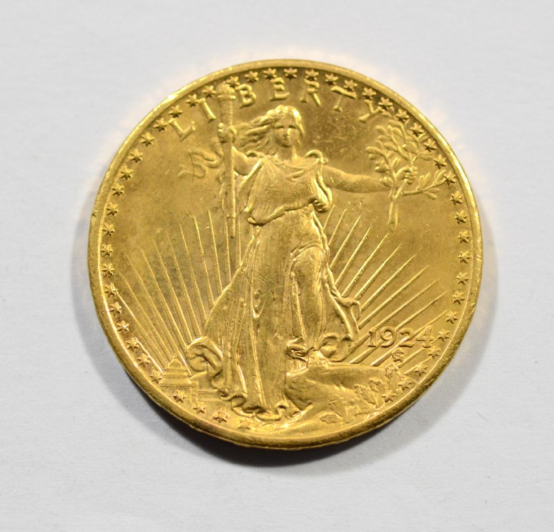 1924 $20 St Gaudens gold coin, AU (1 of 2)