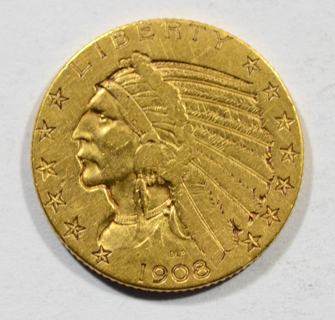 1908 $5 Indian gold coin, VF (1 of 2)