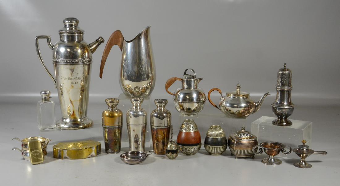 20 pcs silver plated and decorative accessories: 20 pcs silver plated and decorative accessories, to include a Tiffany covered box, (4) cocktail shakers, large pitcher, teapot, (2) South American yerba mate pots, sugar sifter, wine taster, "Camel" c