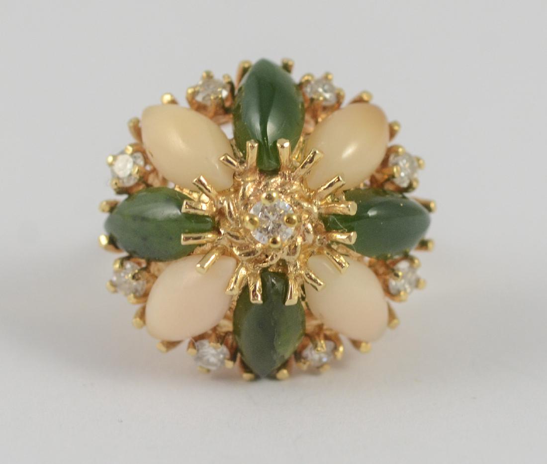 14K Yellow Gold diamond, jade & coral ladies ring, (1 of 4)