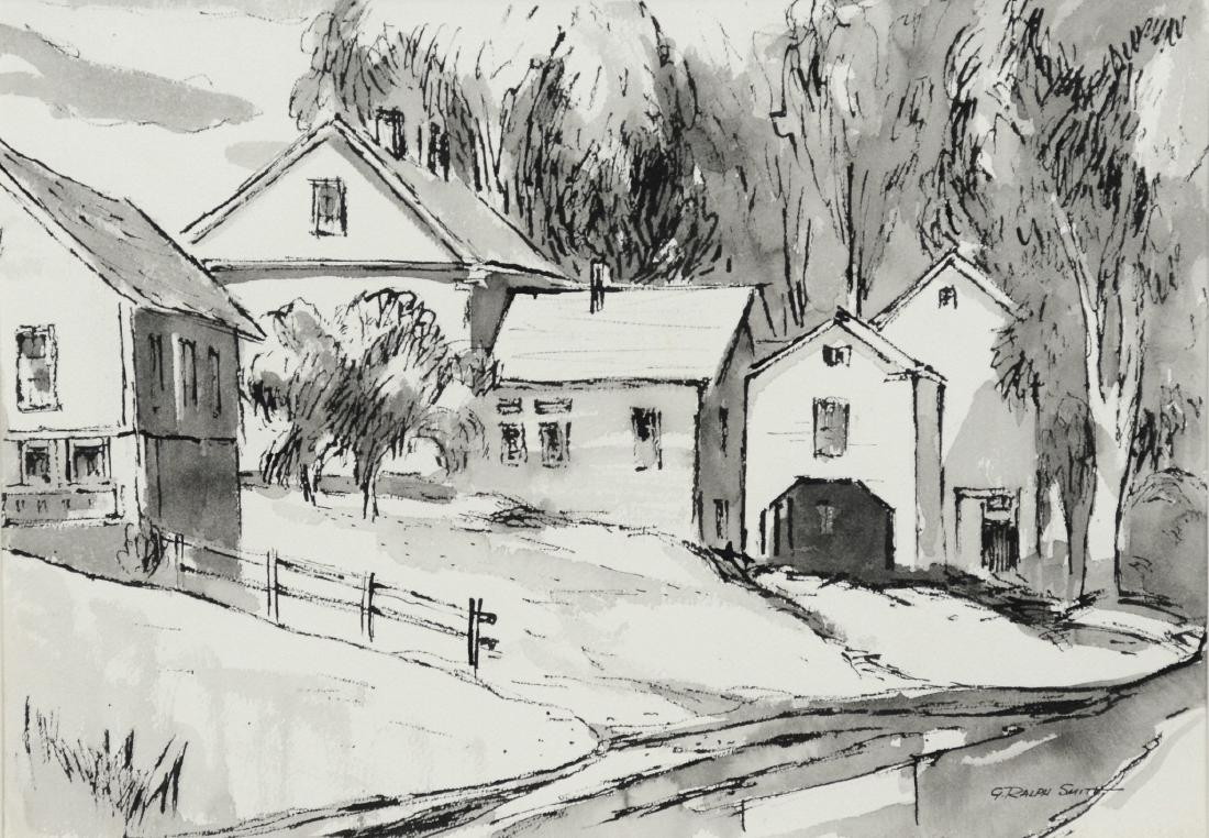 G Ralph Smith black and white watercolor, "Farm" (1 of 2)