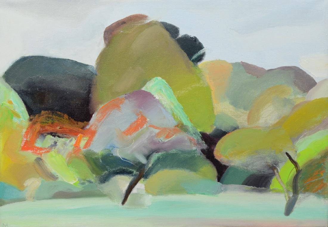 Martha Armstrong o/c, "Peach Orchard with Orange": Martha Armstrong (American, b 1935), oil on canvas, landscape painting, "Peach Orchard with Orange", signed "MA" lower left, bears label from Gross McLeaf Gallery, Philadelphia, 16 1/2" x 23 1/2", in