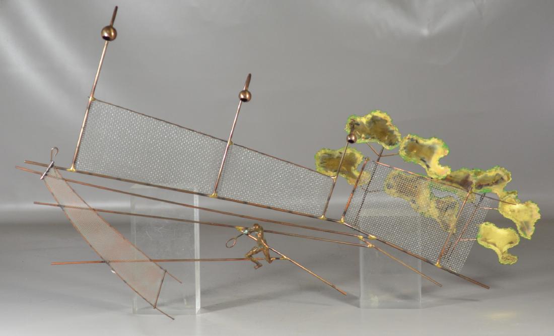 Curtis Jere welded metal wall sculpture, Tennis Court: Curtis Jere welded metal wall sculpture, "Tennis Court", signed C Jere, 18" x 32" x 4", very good condition