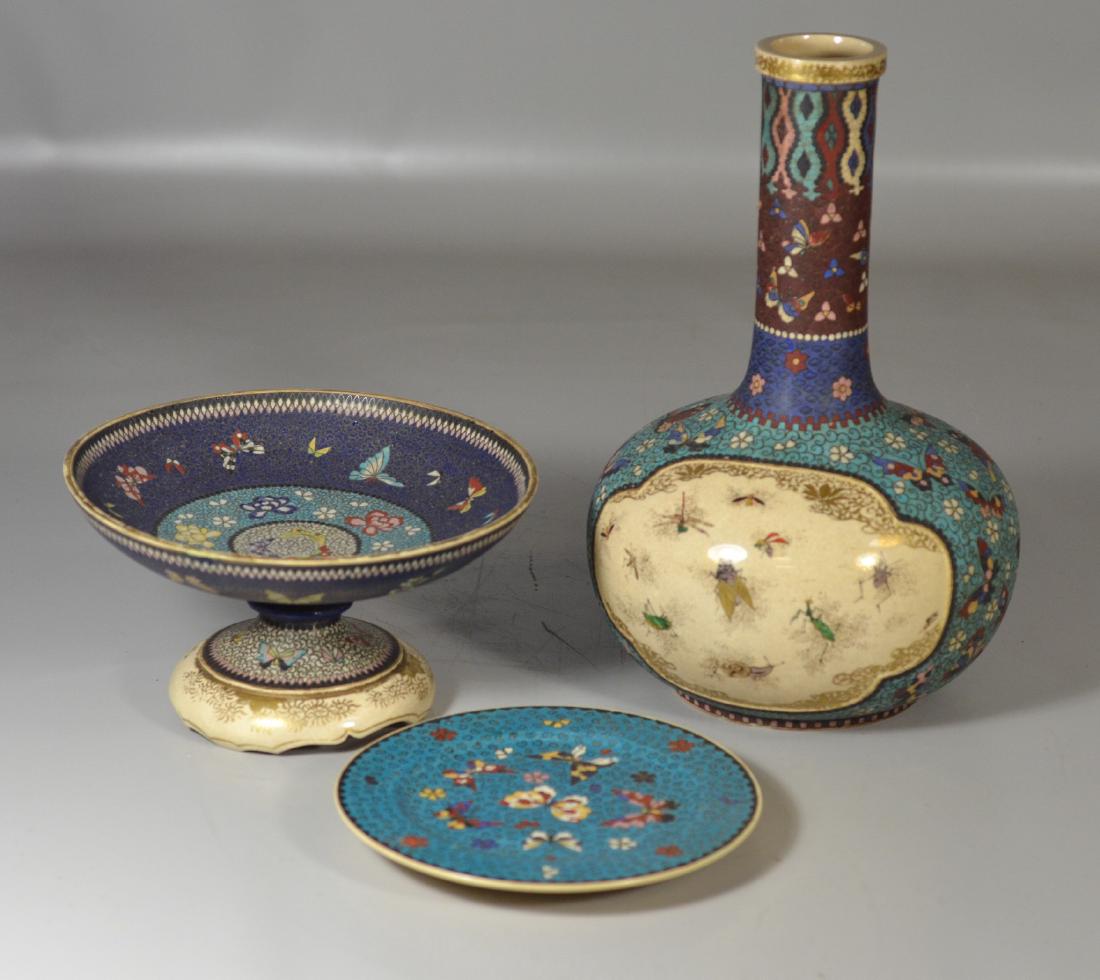 Three Pieces Japanese Totai Cloisonne on porcelain (1 of 8)
