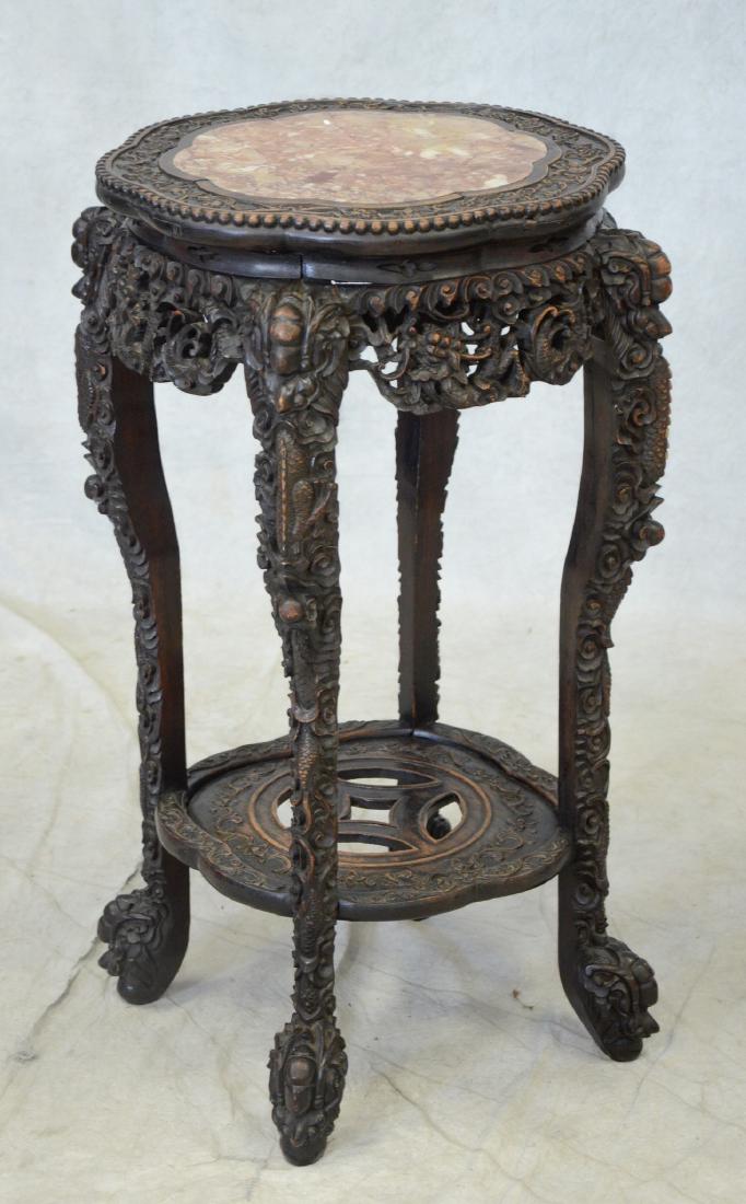 Chinese carved teak wood marble top taboret (1 of 2)