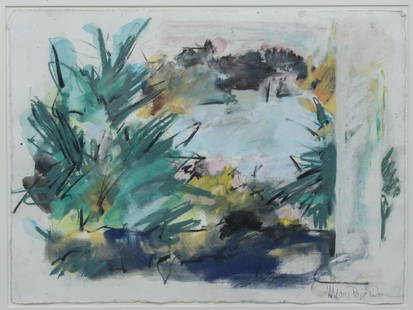 Mary Page Evans abstract mixed media painting: Mary Page Evans (American, 20th C), abstract mixed media painting, pencil signed lower right, 11 1/4" x 15" sheet, in a 19 1/2" x 22 1/2" frame, excellent condition
