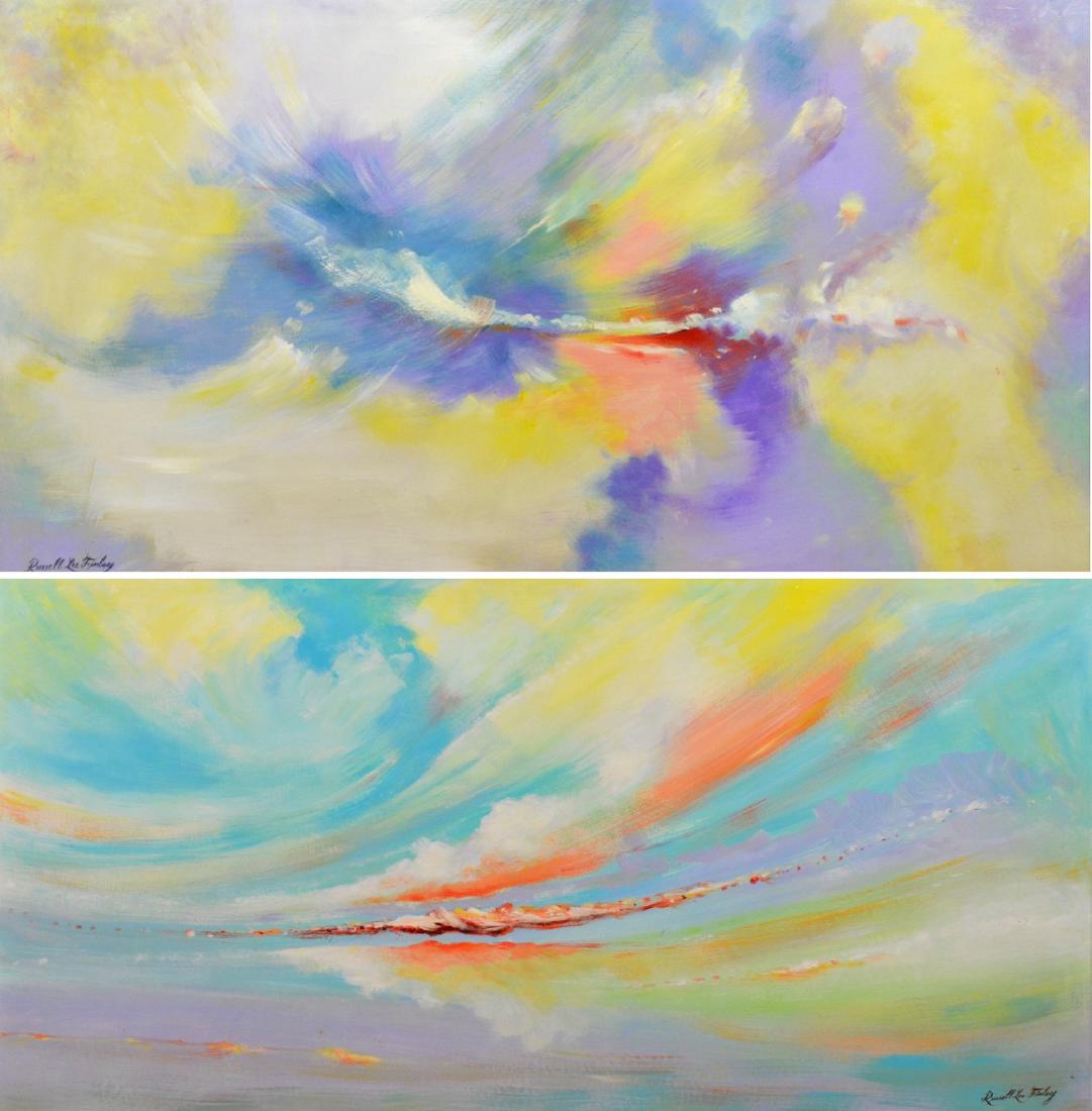 Russell Lee Finley pair of modern abstract paintings: Russell Lee Finley (American, 1929-2006), pair of modern abstract paintings, oil on board, signed, 24" x 48" and 26" x 48", in 27" x 51" and 29" x 51" frames, very good condition