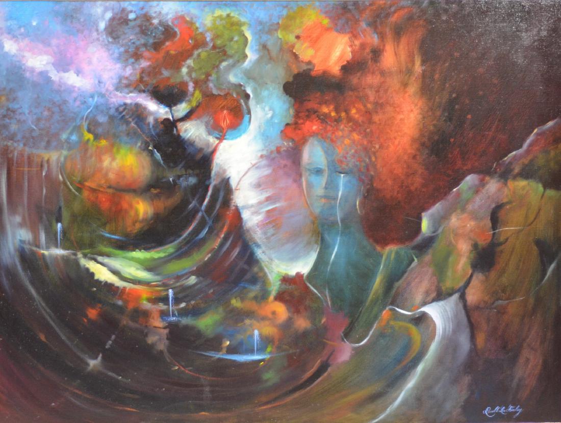 Russell Lee Finley surrealist oil painting: Russell Lee Finley (American, 1929-2006), surrealist oil painting, signed lower right, 36" x 48", in a 37 1/4" x 49 1/4" frame, very good condition