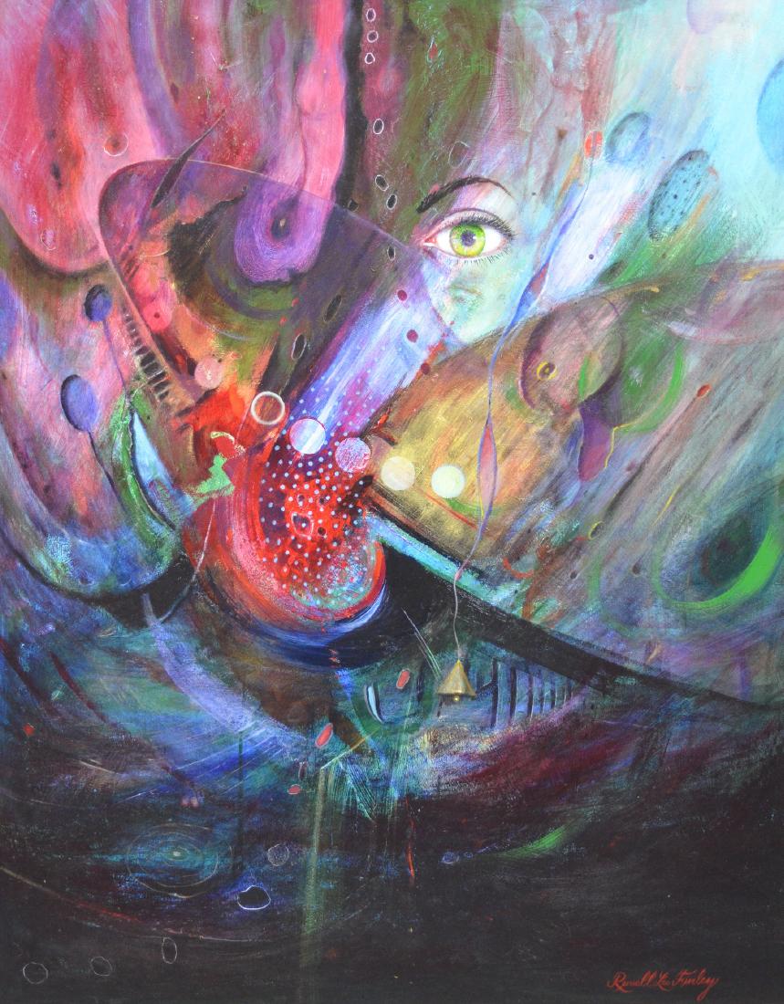 Russell Lee Finley surrealist painting with nudes: Russell Lee Finley (American, 1929-2006), surrealist painting with nudes, acrylic on board, signed lower right, 33" x 26", in a 35 3/4" x 28 3/4" frame, very good condition