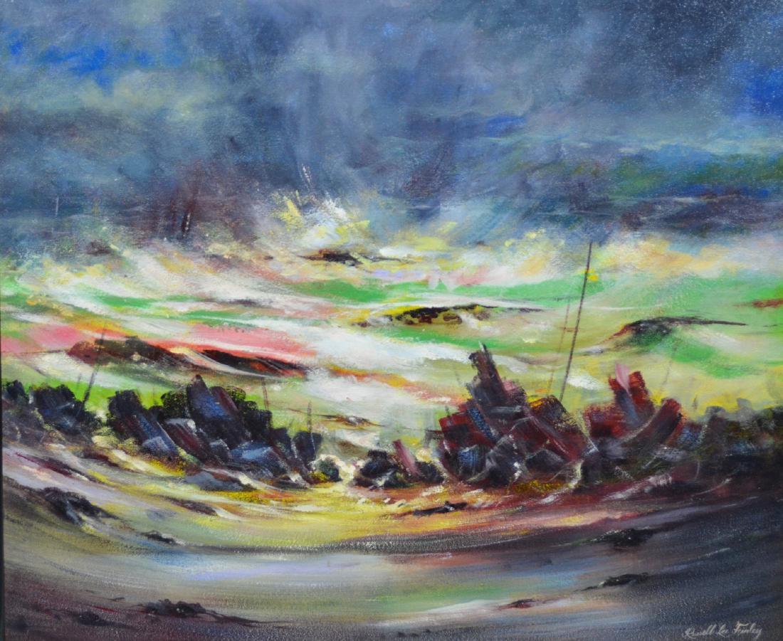 Russell Lee Finley abstract landscape painting: Russell Lee Finley (American, 1929-2006), abstract landscape painting, oil on canvas, signed lower right, 29" x 35", in a 30" x 36" frame
