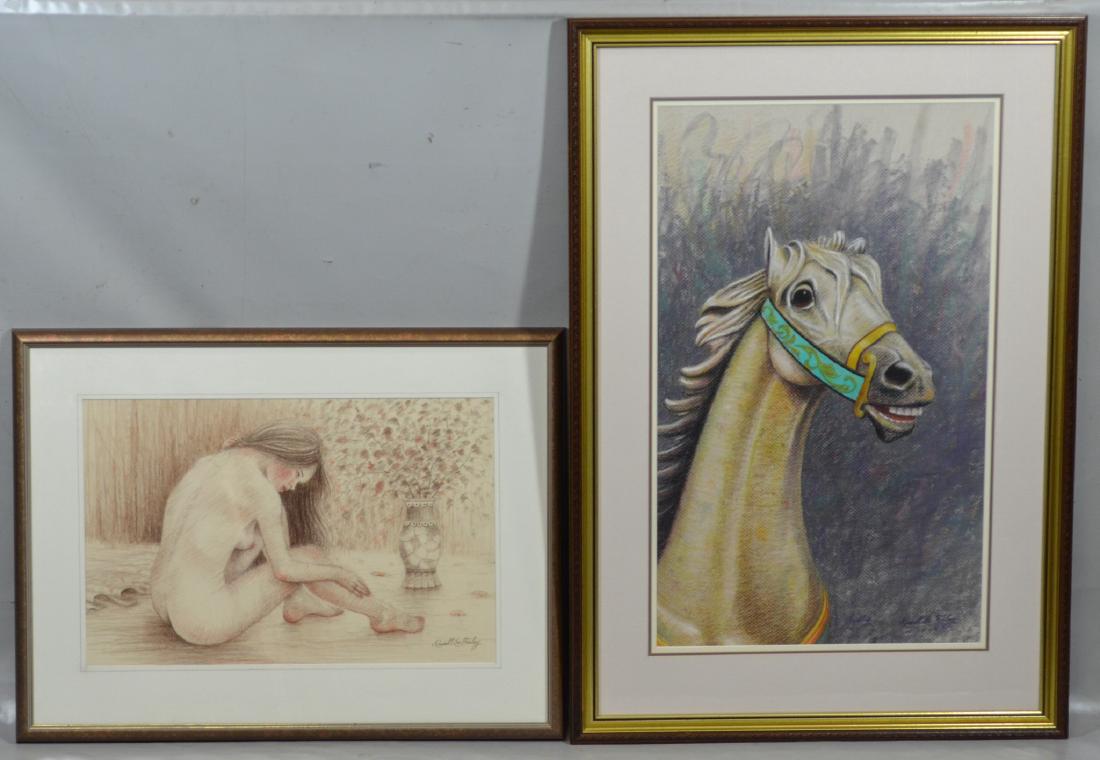 Russell Lee Finley (2) mixed media drawings: Russell Lee Finley (American, 1929-2006), (2) mixed media drawings, carousel horse and nude, signed lower right, larger measures 29" x 18", in a 38 1/2" x 26 1/2" frame, very good condition