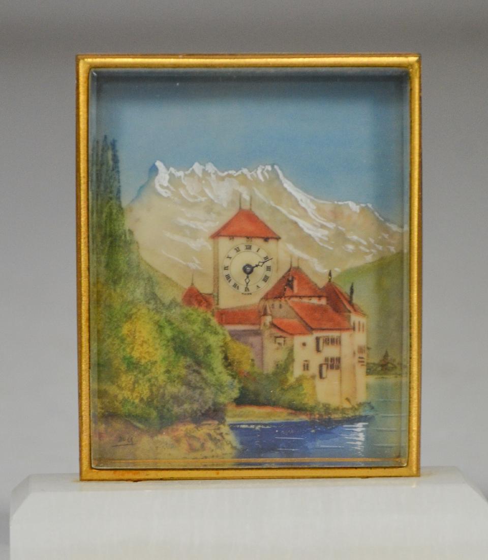 Diminutive clock with Swiss scene: Diminutive clock with Swiss scene, possibly Chateau Chillon, on alabaster base, not working, 4" h